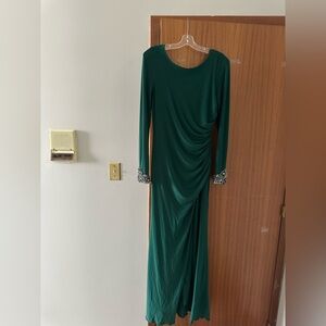 Eliza J Deep Emerald Long-Sleeve Evening Gown with Beaded Cuffs